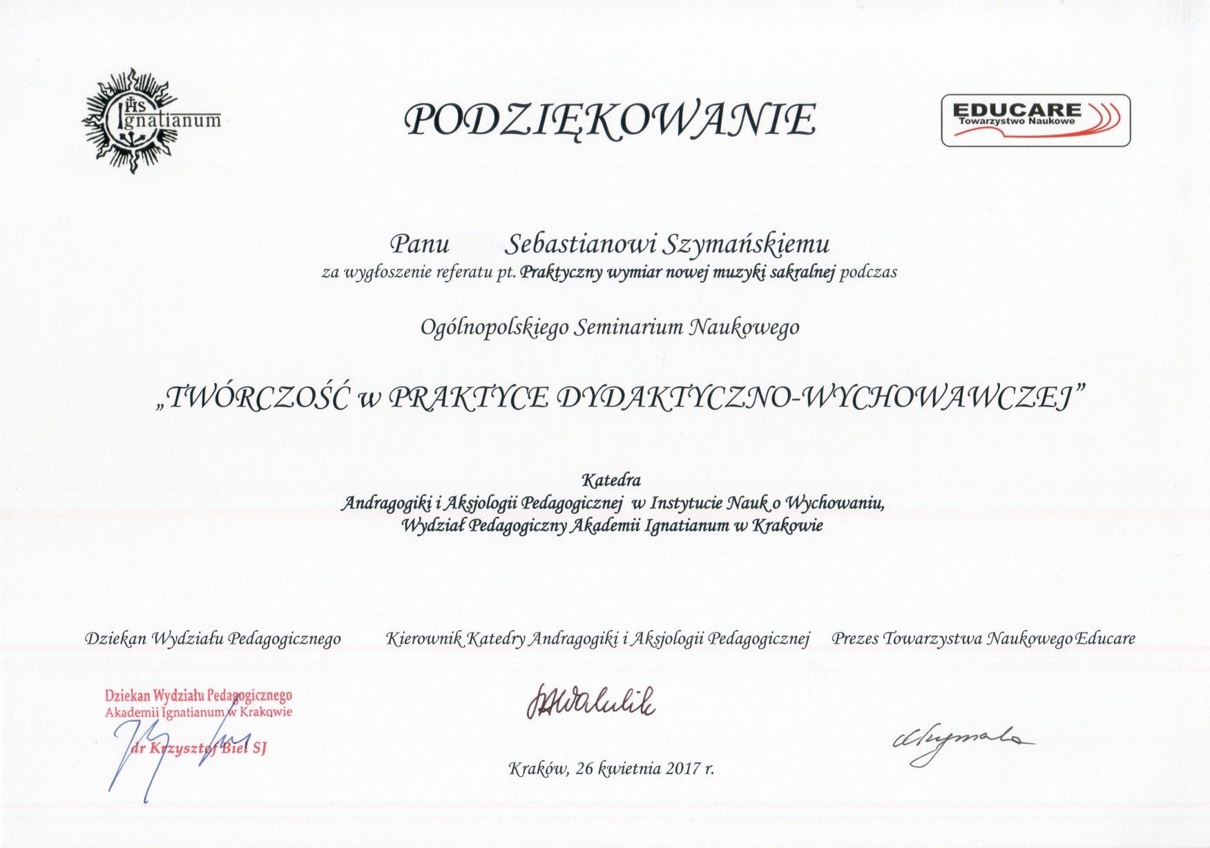 26.04.2017 IGNATIANUM Podziękowanie Referat mmm